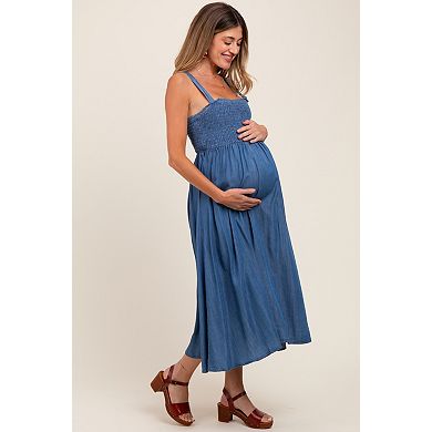 Maternity Smocked Chambray Tie Back Cutout Midi Dress