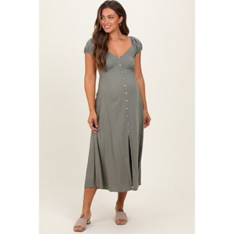 Maternity Button Accent Front Slit Midi Dress