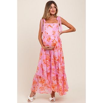Maternity Floral Shoulder Tie Tiered Maxi Dress