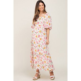 Maternity Floral Puff Sleeve Maxi Dress