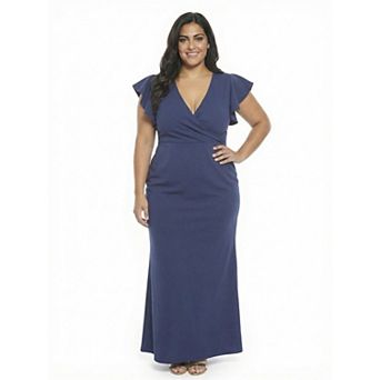 Plus Size 24Seven Comfort Apparel V-Neck Tulip Hem Faux Wrap Maxi Dress