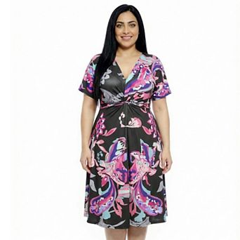 Plus Size 24Seven Comfort Apparel Essential Paisley V-Neck Dolman Sleeve Twist Front A-Line Midi Dress