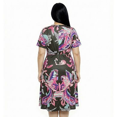 Plus Size 24Seven Comfort Apparel Essential Paisley V-Neck Dolman Sleeve Twist Front A-Line Midi Dress