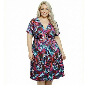 Plus Size 24Seven Comfort Apparel Abstract V-Neck Dolman Sleeve Twist Front A-Line Midi Dress