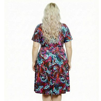 Plus Size 24Seven Comfort Apparel Abstract V-Neck Dolman Sleeve Twist Front A-Line Midi Dress