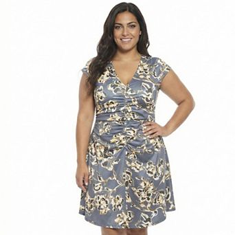 Plus Size 24Seven Comfort Apparel Floral V-Neck Cap Sleeve Ruched Front Knee Length Dress