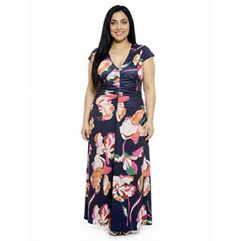 Plus Size 24Seven Comfort Apparel Floral V-Neck Cap Sleeve Ruched Front Maxi Dress
