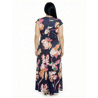 Plus Size 24Seven Comfort Apparel Floral V-Neck Cap Sleeve Ruched Front Maxi Dress