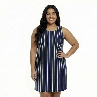 Plus Size 24Seven Comfort Apparel Striped Round Neck Sleeveless A-Line Mini Shift Dress