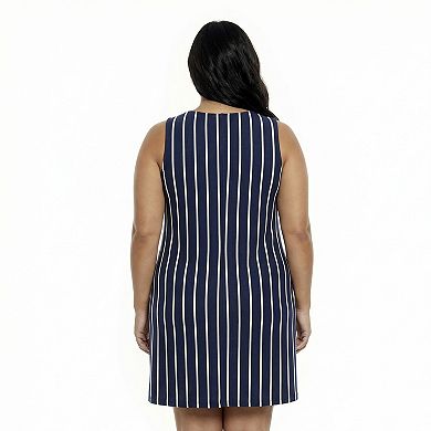 Plus Size 24Seven Comfort Apparel Striped Round Neck Sleeveless A-Line Mini Shift Dress