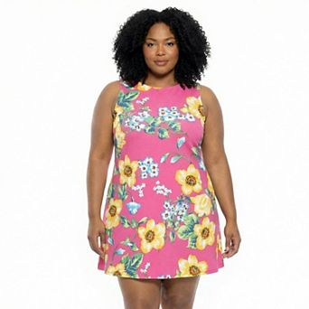 Plus Size 24Seven Comfort Apparel Floral Round Neck Sleeveless A-Line Mini Shift Dress