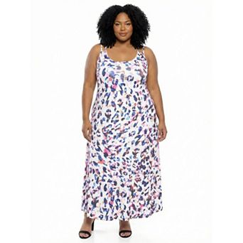 Plus Size 24Seven Comfort Apparel Abstract Scoop Neck Sleeveless Tank Racerback Maxi Dress