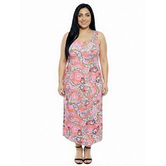 Plus Size 24Seven Comfort Apparel Paisley Scoop Neck Sleeveless Racerback Maxi Dress