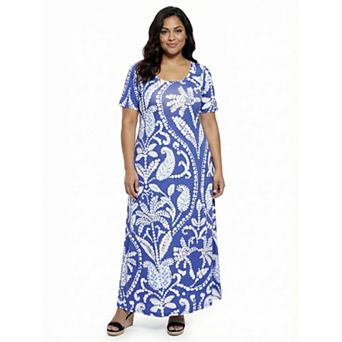 Plus Size 24Seven Comfort Apparel Scoop Neck Elbow Sleeve A-Line Maxi Dress