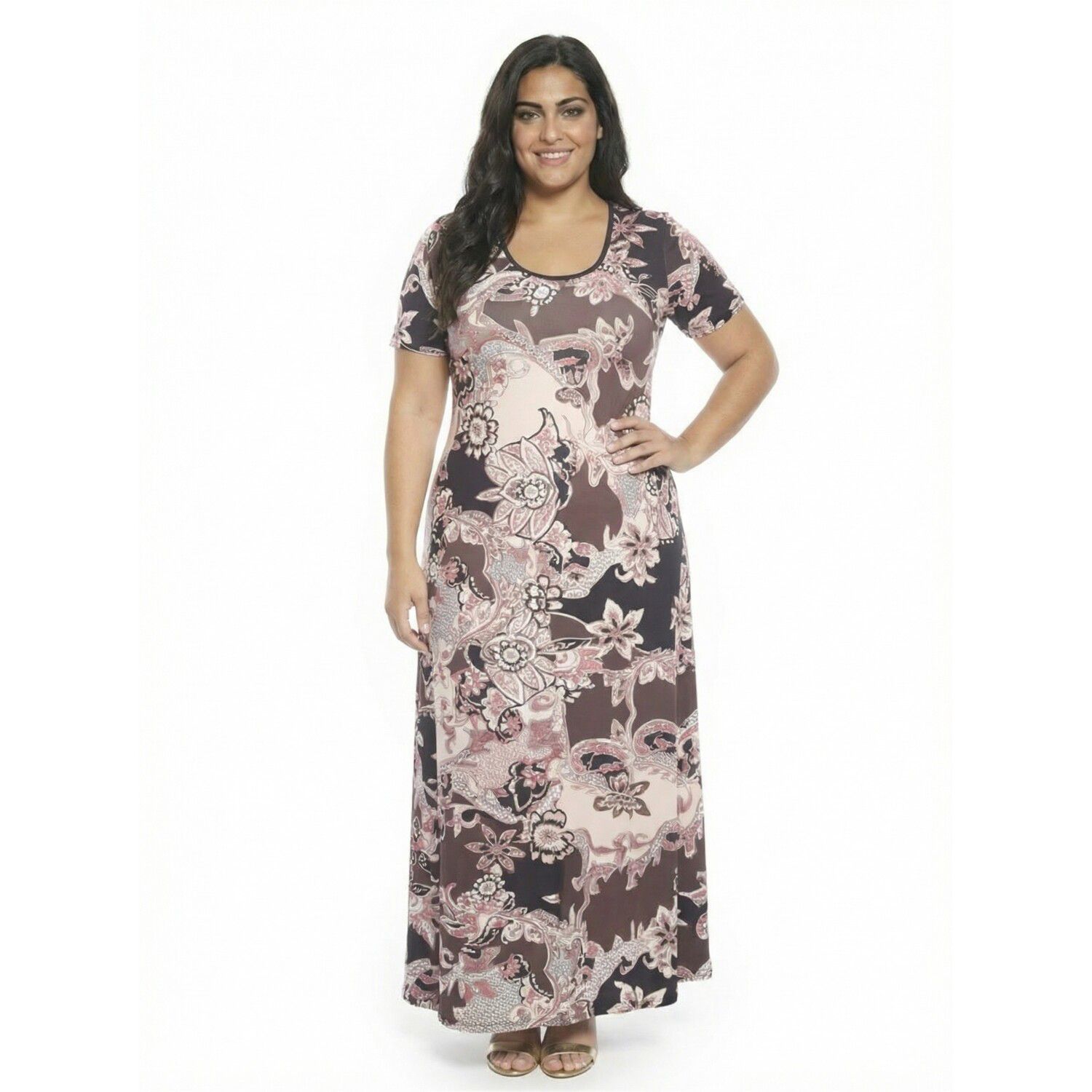 Женские платья 24Seven Comfort Apparel Plus Size 24Seven Comfort Apparel Paisley Scoop Neck Elbow Sleeve A-Line Maxi Dress