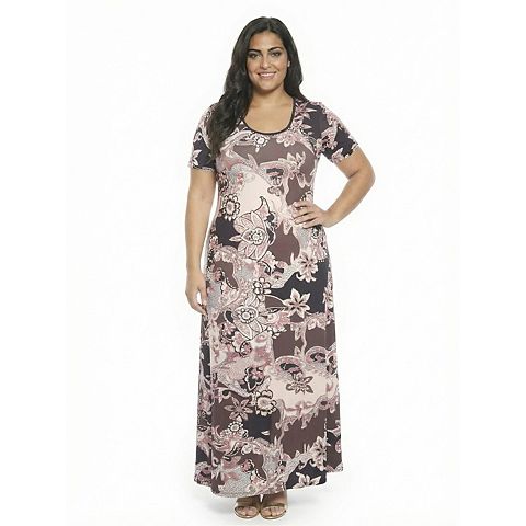 Женские платья 24Seven Plus Size 24Seven Comfort Apparel Paisley Scoop Neck Elbow Sleeve A-Line Maxi Dress