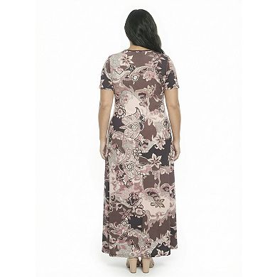 Plus Size 24Seven Comfort Apparel Paisley Scoop Neck Elbow Sleeve A-Line Maxi Dress