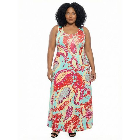 Женские платья 24Seven Plus Size 24Seven Comfort Apparel Abstract Scoop Neck Sleeveless A-Line Maxi Dress