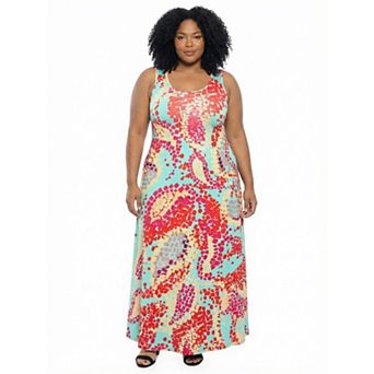 Plus Size 24Seven Comfort Apparel Abstract Scoop Neck Sleeveless A-Line Maxi Dress