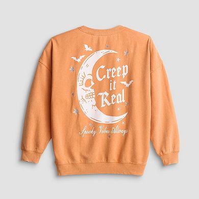 Juniors' Creep It Real Moon Oversized Graphic Pullover