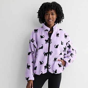 Juniors' All Over Cat Woobie Full-Zip Sherpa Jacket
