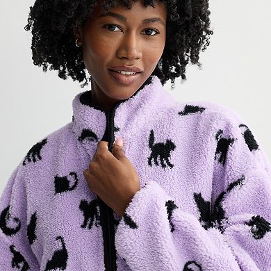 Juniors' All Over Cat Woobie Full-Zip Sherpa Jacket
