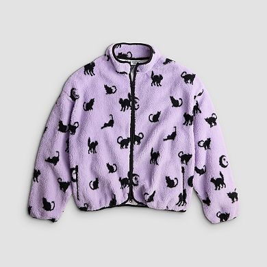 Juniors' All Over Cat Woobie Full-Zip Sherpa Jacket