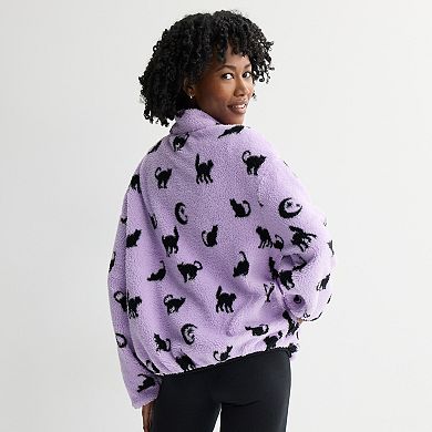 Juniors' All Over Cat Woobie Full-Zip Sherpa Jacket