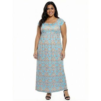 Plus Size 24Seven Comfort Apparel Abstract Square Neck Cap Sleeve A-Line Maxi Dress