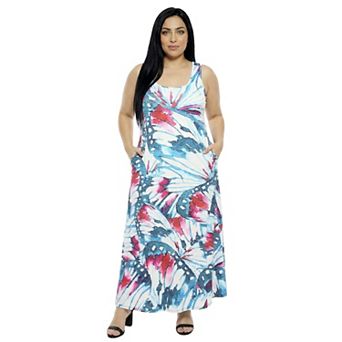 Plus Size 24Seven Comfort Apparel Butterfly Sleeveless Pocket Maxi Dress