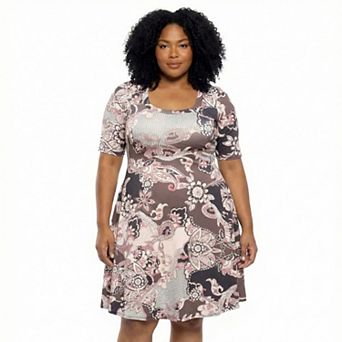 Plus Size 24Seven Comfort Apparel Paisley Scoop Neck Elbow Sleeve A-Line Dress
