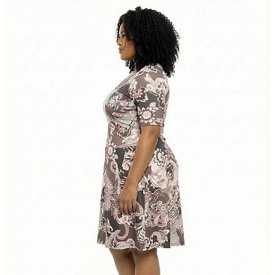 Plus Size 24Seven Comfort Apparel Paisley Scoop Neck Elbow Sleeve A-Line Dress