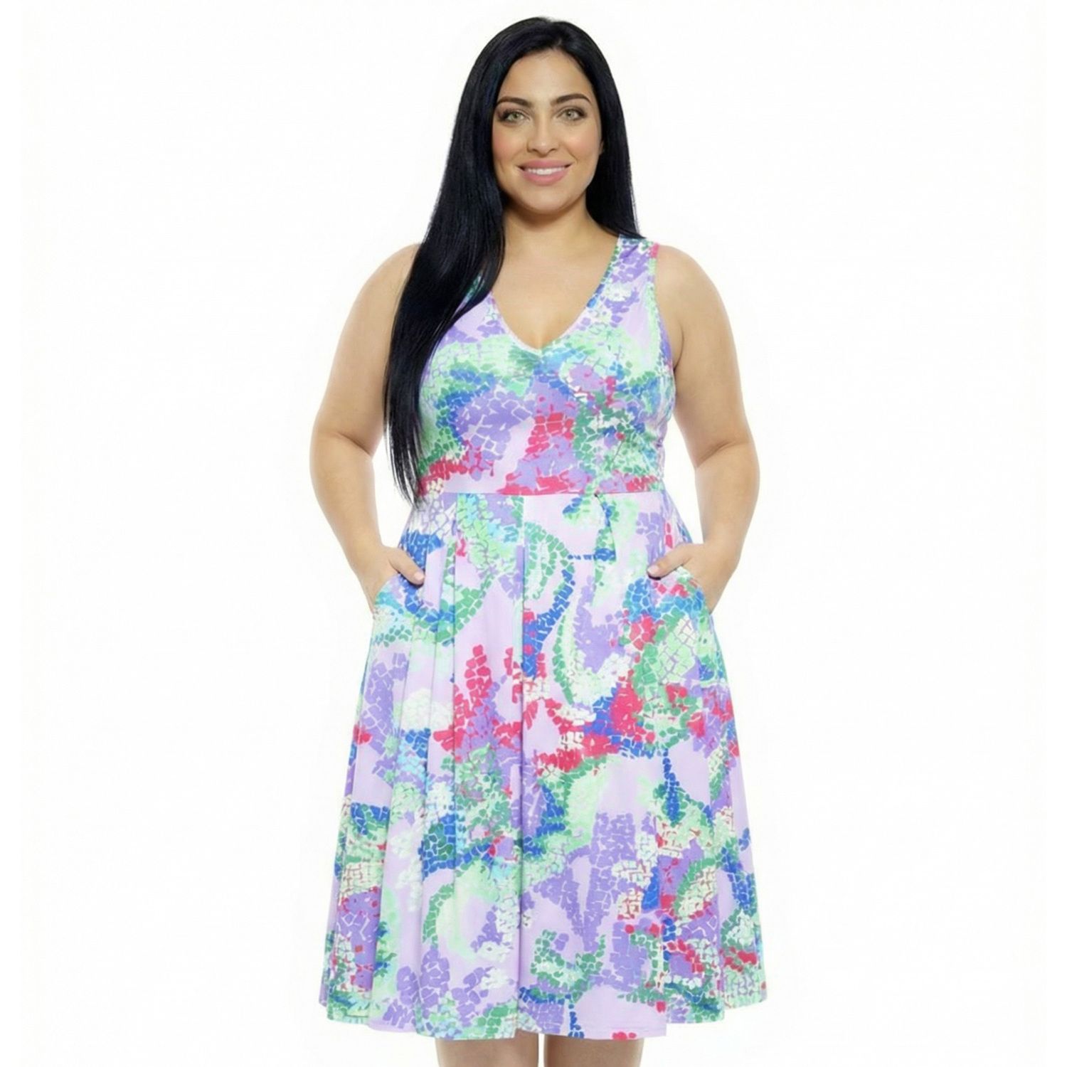 Женские платья 24Seven Comfort Apparel Plus Size 24Seven Comfort Apparel Abstract V-Neck Sleeveless Pleated Pocket Midi Dress