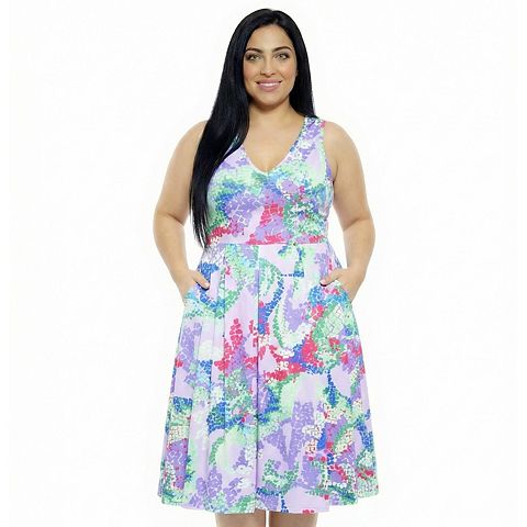 Женские платья 24Seven Plus Size 24Seven Comfort Apparel Abstract V-Neck Sleeveless Pleated Pocket Midi Dress