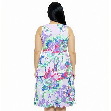 Plus Size 24Seven Comfort Apparel Abstract V-Neck Sleeveless Pleated Pocket Midi Dress