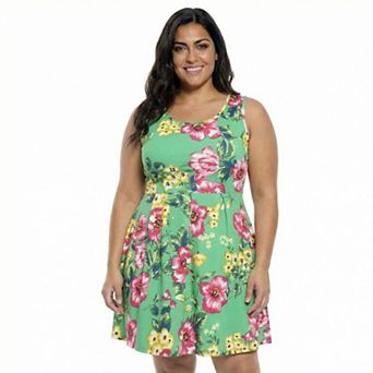 Plus Size 24Seven Comfort Apparel Floral Sleeveless Pleated Pocket Skater Dress