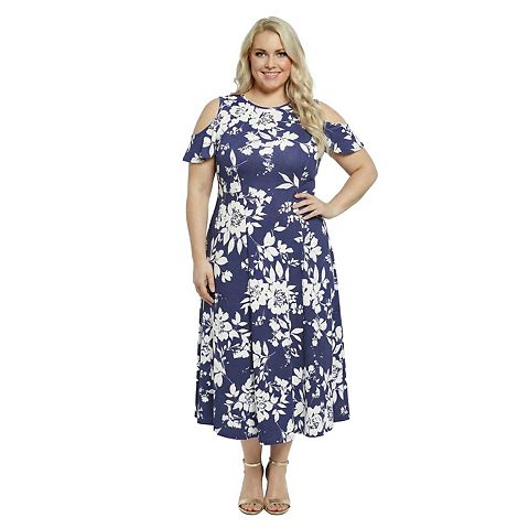 Женские платья 24Seven Plus Size 24Seven Comfort Apparel Floral Ruffle Sleeve Cold Shoulder A-Line Maxi Dress