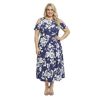 Plus Size 24Seven Comfort Apparel Floral Ruffle Sleeve Cold Shoulder A-Line Maxi Dress