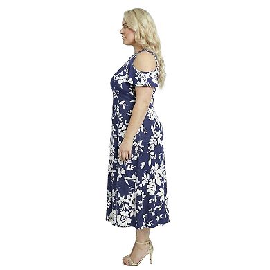 Plus Size 24Seven Comfort Apparel Floral Ruffle Sleeve Cold Shoulder A-Line Maxi Dress