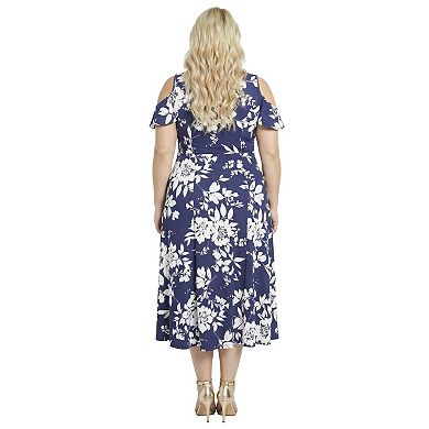 Plus Size 24Seven Comfort Apparel Floral Ruffle Sleeve Cold Shoulder A-Line Maxi Dress