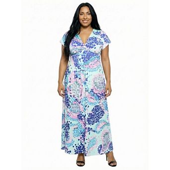 Plus Size 24Seven Comfort Apparel Abstract V-Neck Empire Waist Cap Sleeve Maxi Dress