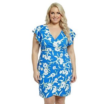 Plus Size 24Seven Comfort Apparel Floral Flutter Sleeve Faux Wrap Dress