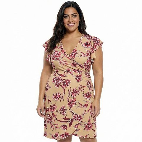 Женские платья 24Seven Plus Size 24Seven Comfort Apparel Floral Flutter Sleeve Faux Wrap Dress