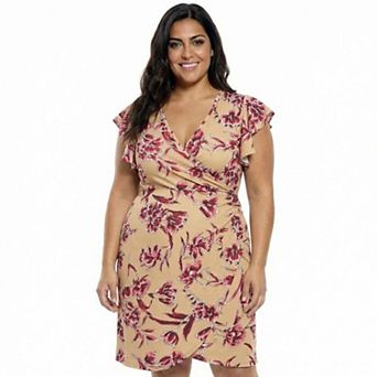 Plus Size 24Seven Comfort Apparel Floral Flutter Sleeve Faux Wrap Dress