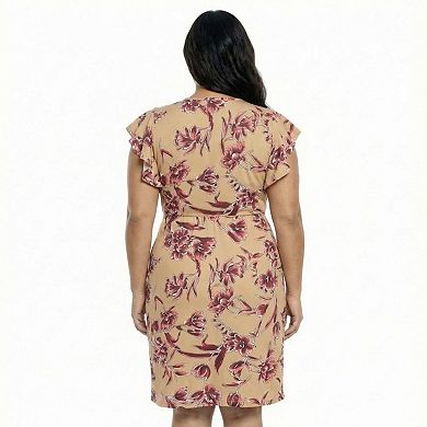 Plus Size 24Seven Comfort Apparel Floral Flutter Sleeve Faux Wrap Dress