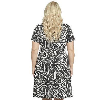 Plus Size 24Seven Comfort Apparel Abstract V-Neck Short Sleeve A-Line Midi Dress