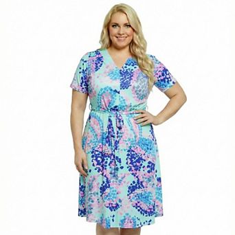 Plus Size 24Seven Comfort Apparel Abstract V-Neck Short Sleeve Tie Front A-Line Midi Dress