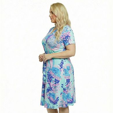 Plus Size 24Seven Comfort Apparel Abstract V-Neck Short Sleeve Tie Front A-Line Midi Dress
