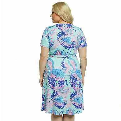Plus Size 24Seven Comfort Apparel Abstract V-Neck Short Sleeve Tie Front A-Line Midi Dress