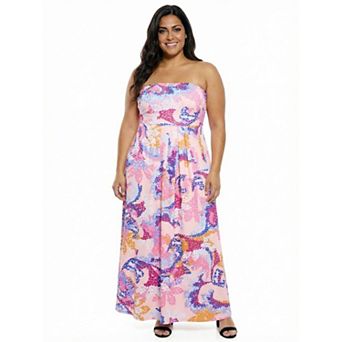 Plus Size 24Seven Comfort Apparel Abstract Strapless Pocket Maxi Dress